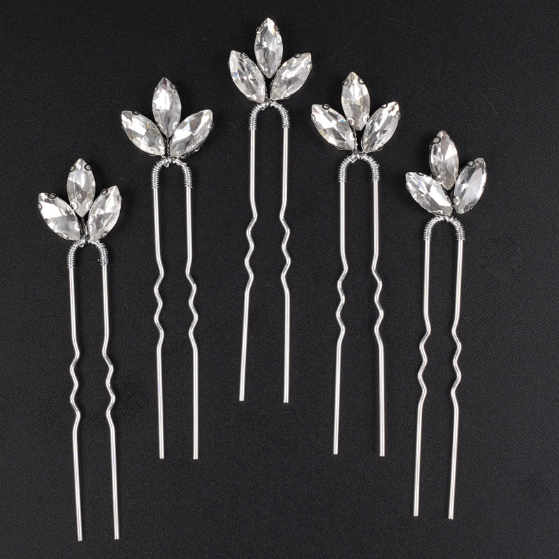 Rhinestone Leaf Minimalist 5 PC Hairpin Set, Bridal Crystal Hair Pins, Bridesmaids Wedding Hairpiece Set - KaleaBoutique.com