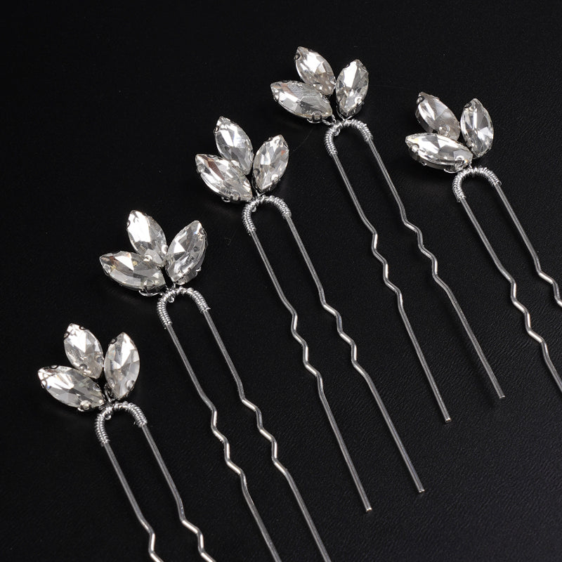 Rhinestone Leaf Minimalist 5 PC Hairpin Set, Bridal Crystal Hair Pins, Bridesmaids Wedding Hairpiece Set - KaleaBoutique.com
