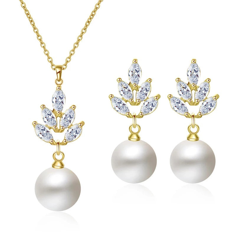 Bridesmaid Pearl Drop Necklace and Earring 3 PC Jewelry Set, Bridal 14K Gold Plated Crystal CZ Gem Pendant Necklace - KaleaBoutique.com