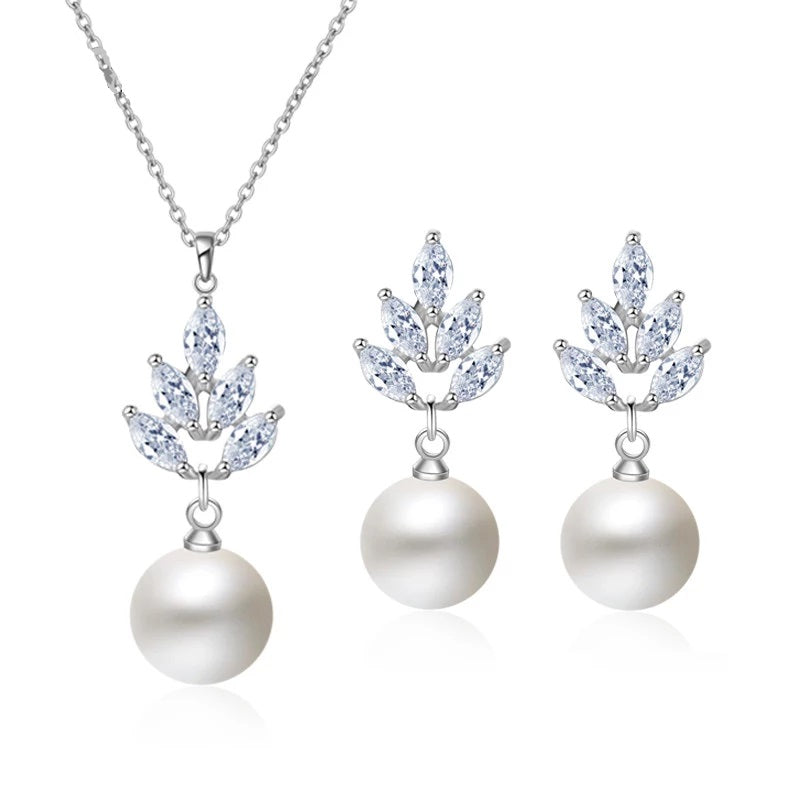 Bridesmaid Pearl Drop Necklace and Earring 3 PC Jewelry Set, Bridal 14K Gold Plated Crystal CZ Gem Pendant Necklace - KaleaBoutique.com