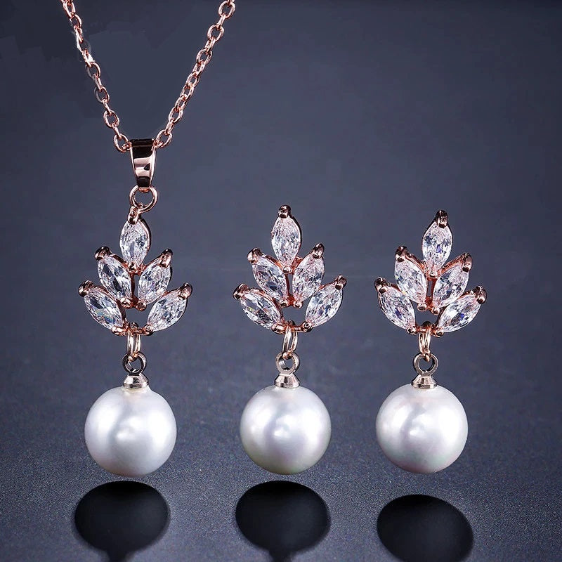 Bridesmaid Pearl Drop Necklace and Earring 3 PC Jewelry Set, Bridal 14K Gold Plated Crystal CZ Gem Pendant Necklace - KaleaBoutique.com
