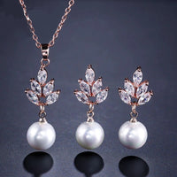 Bridesmaid Pearl Drop Necklace and Earring 3 PC Jewelry Set, Bridal 14K Gold Plated Crystal CZ Gem Pendant Necklace - KaleaBoutique.com