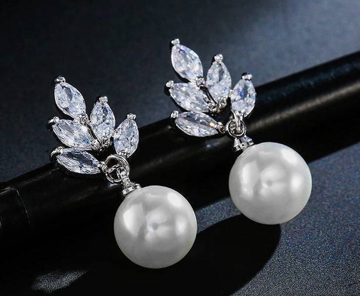 Bridesmaid Pearl Drop Necklace and Earring 3 PC Jewelry Set, Bridal 14K Gold Plated Crystal CZ Gem Pendant Necklace - KaleaBoutique.com