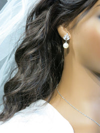 Bridesmaid Pearl Drop Necklace and Earring 3 PC Jewelry Set, Bridal 14K Gold Plated Crystal CZ Gem Pendant Necklace - KaleaBoutique.com