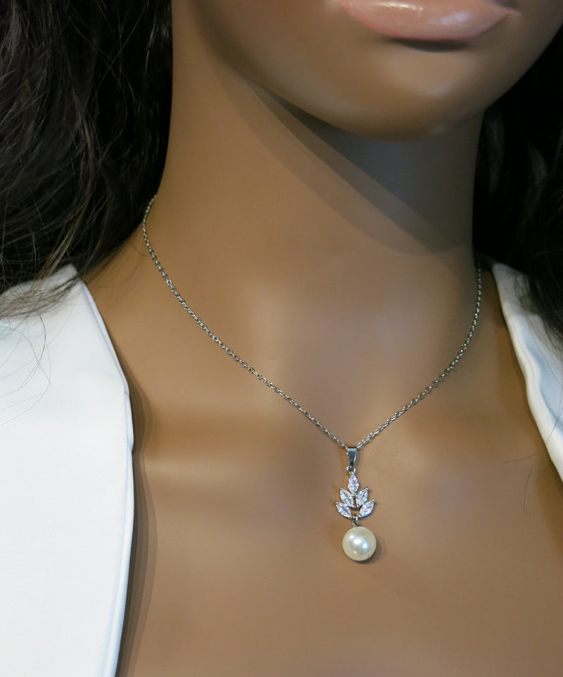 Bridesmaid Pearl Drop Necklace and Earring 3 PC Jewelry Set, Bridal 14K Gold Plated Crystal CZ Gem Pendant Necklace - KaleaBoutique.com