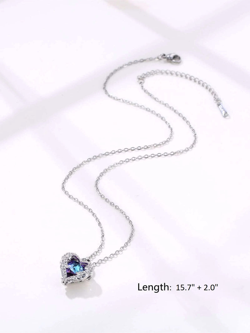 Aurora Borealis Crystal Heart Pendant Necklace, Crystal AB Gem Heart Charm Silver Chain Fashion Necklace - KaleaBoutique.com