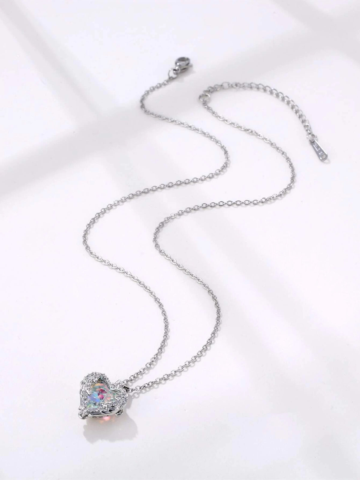 Aurora Borealis Crystal Heart Pendant Necklace, Crystal AB Gem Heart Charm Silver Chain Fashion Necklace - KaleaBoutique.com