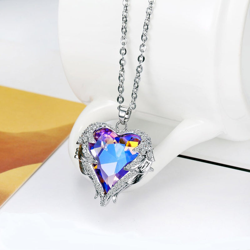 Aurora Borealis Crystal Heart Pendant Necklace, Crystal AB Gem Heart Charm Silver Chain Fashion Necklace - KaleaBoutique.com