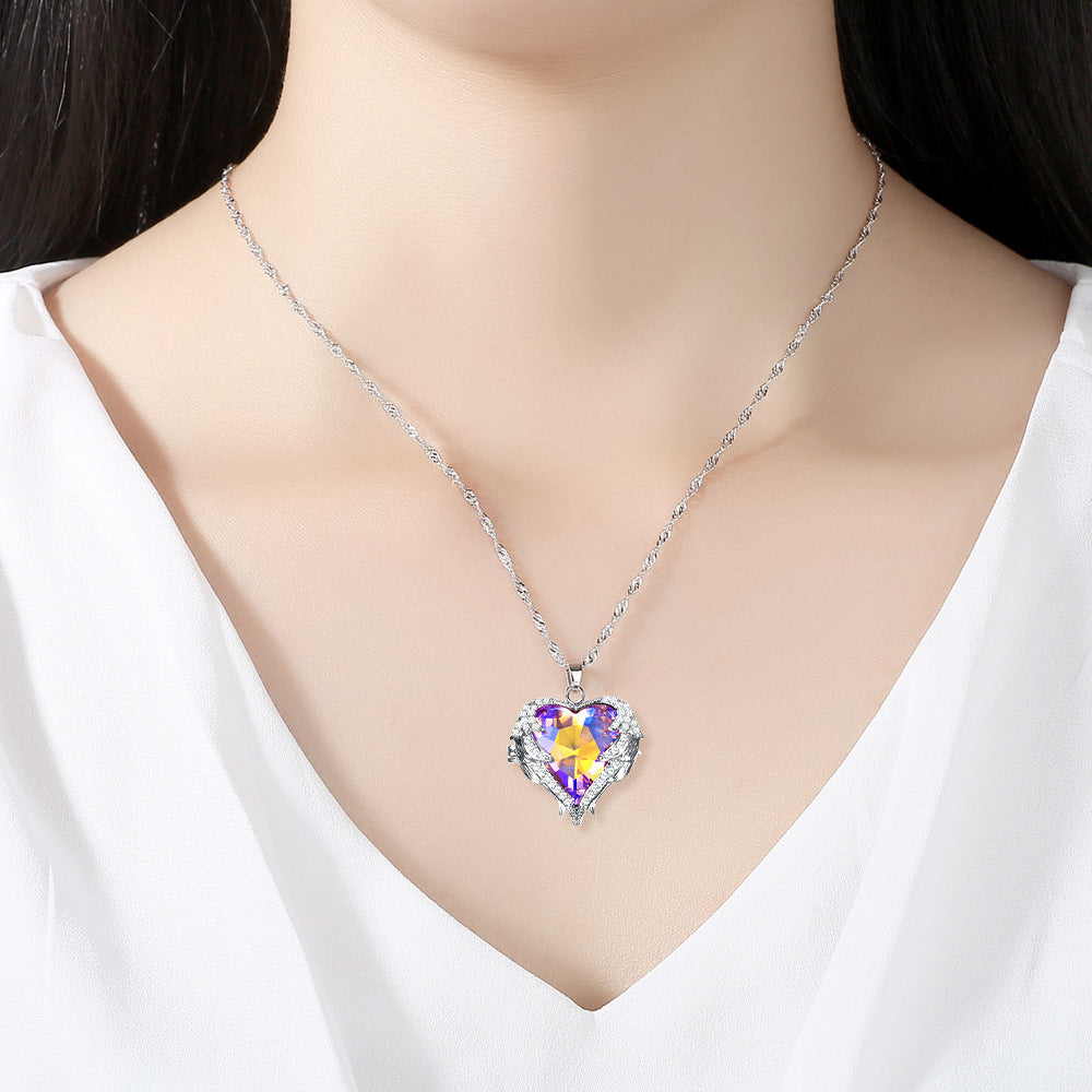 Aurora Borealis Crystal Heart Pendant Necklace, Crystal AB Gem Heart Charm Silver Chain Fashion Necklace - KaleaBoutique.com
