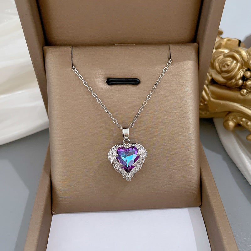 Aurora Borealis Crystal Heart Pendant Necklace, Crystal AB Gem Heart Charm Silver Chain Fashion Necklace - KaleaBoutique.com