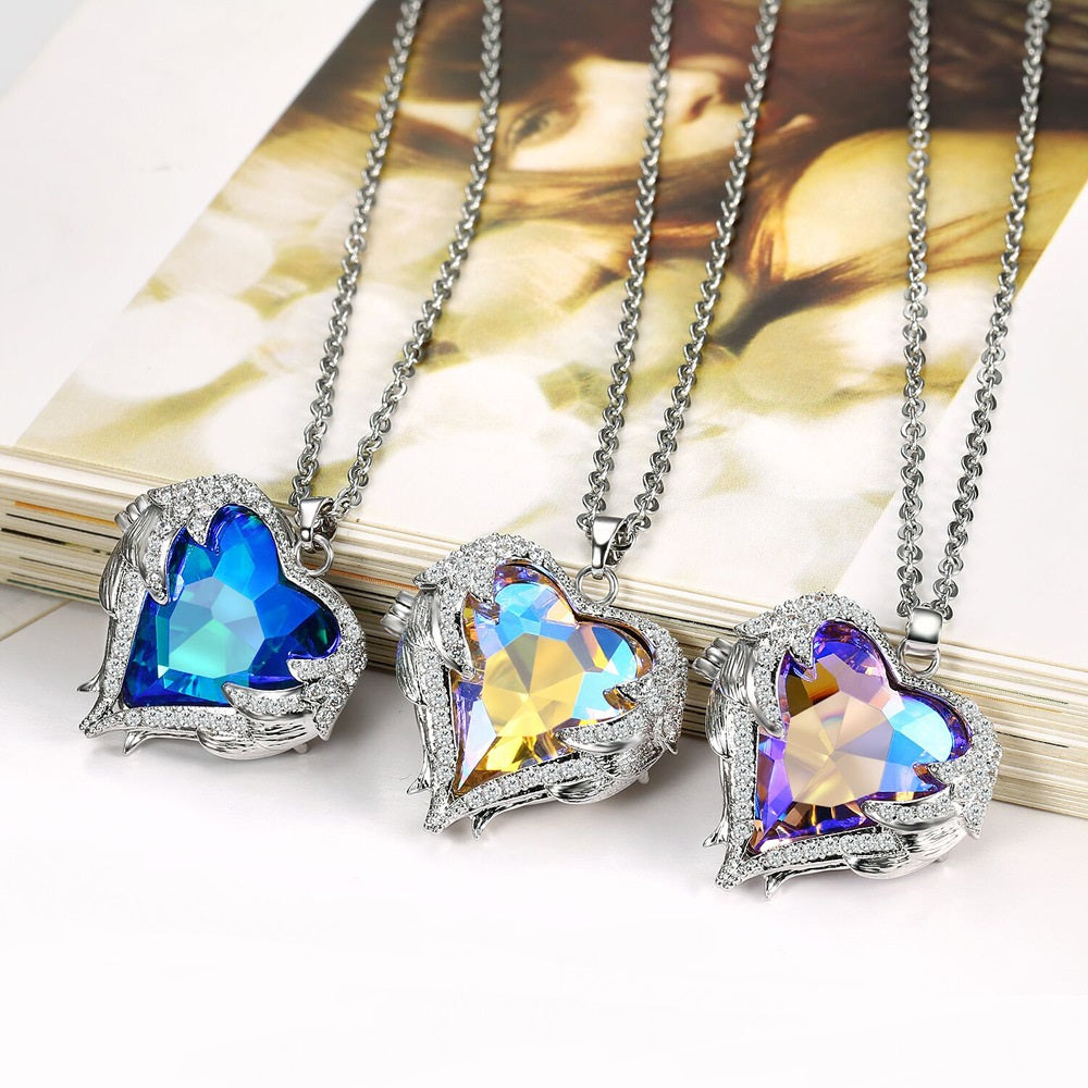 Aurora Borealis Crystal Heart Pendant Necklace, Crystal AB Gem Heart Charm Silver Chain Fashion Necklace - KaleaBoutique.com