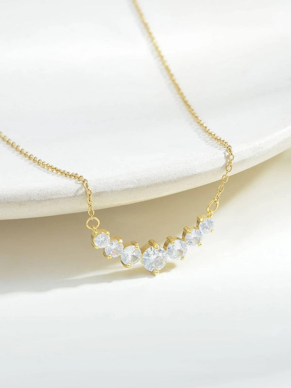 Solitaire Round Cut CZ Crystal Necklace, 14K Yellow Gold Bridal Charm Necklace, Wedding Diamond Gem Necklace - KaleaBoutique.com