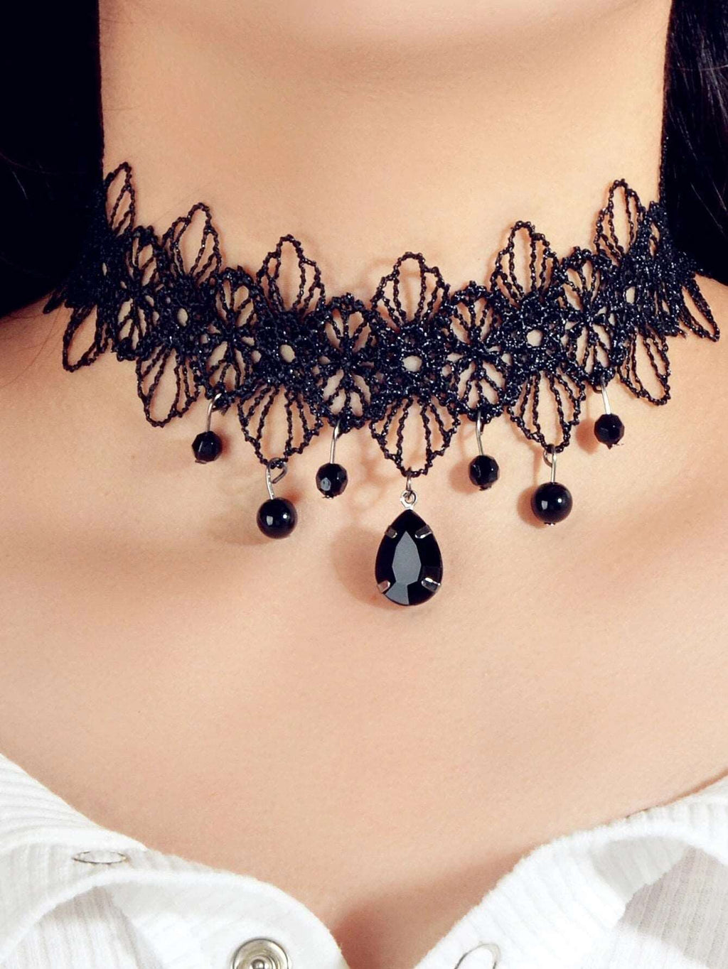 Black Tatted Lace Knit Necklace, Black Gem Accent Embroidered Choker Necklace, Gothic Burlesque Statement Necklace - KaleaBoutique.com