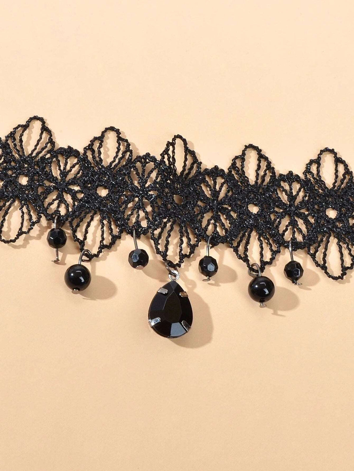 Black Tatted Lace Knit Necklace, Black Gem Accent Embroidered Choker Necklace, Gothic Burlesque Statement Necklace - KaleaBoutique.com
