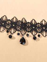 Black Tatted Lace Knit Necklace, Black Gem Accent Embroidered Choker Necklace, Gothic Burlesque Statement Necklace - KaleaBoutique.com