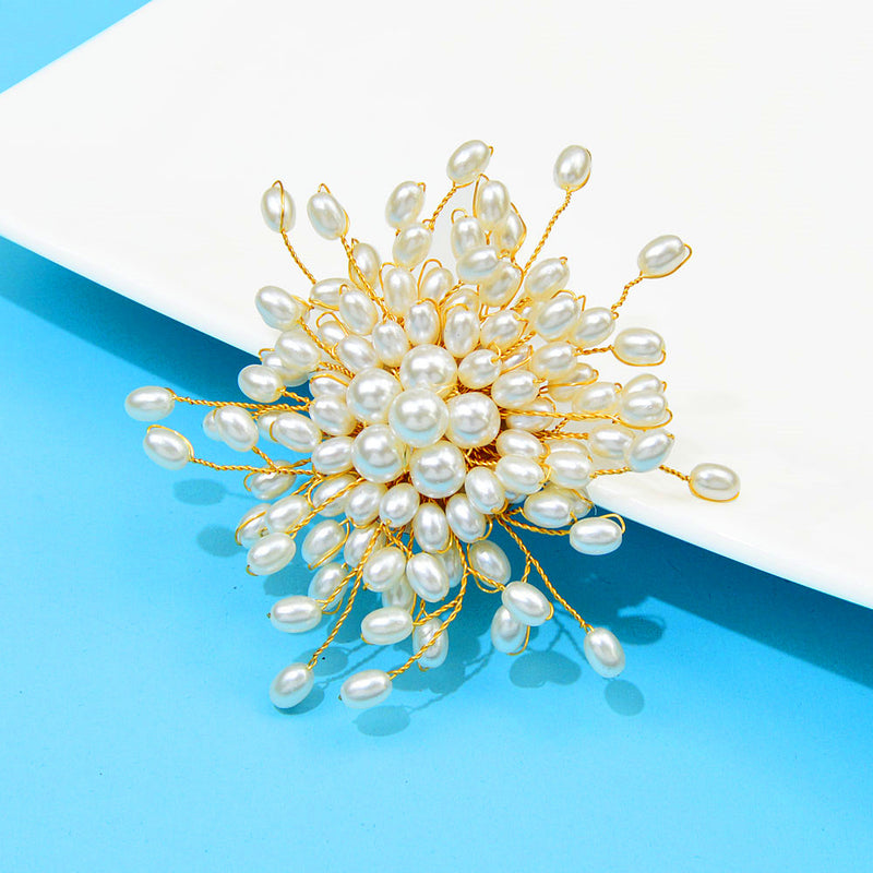 Starburst Pearl Bridal Circle Brooch, Gold Wire Pearl Flower Brooch, Large Wedding Pearl Cluster Floral Brooch - KaleaBoutique.com