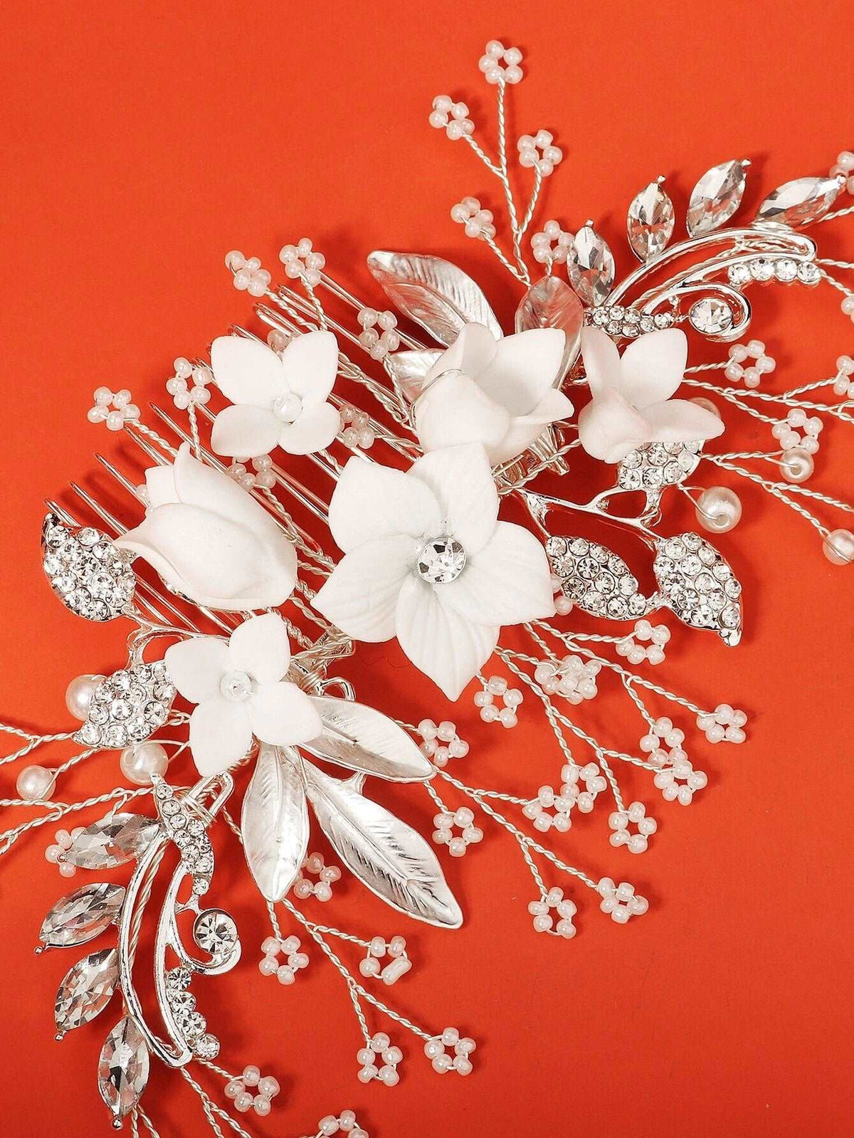 Clay Flower Crystal Bead Hair Comb, Pearl Leaf Bridal Hair Comb, Wedding Ceramic White Flower Hairpiece - KaleaBoutique.com