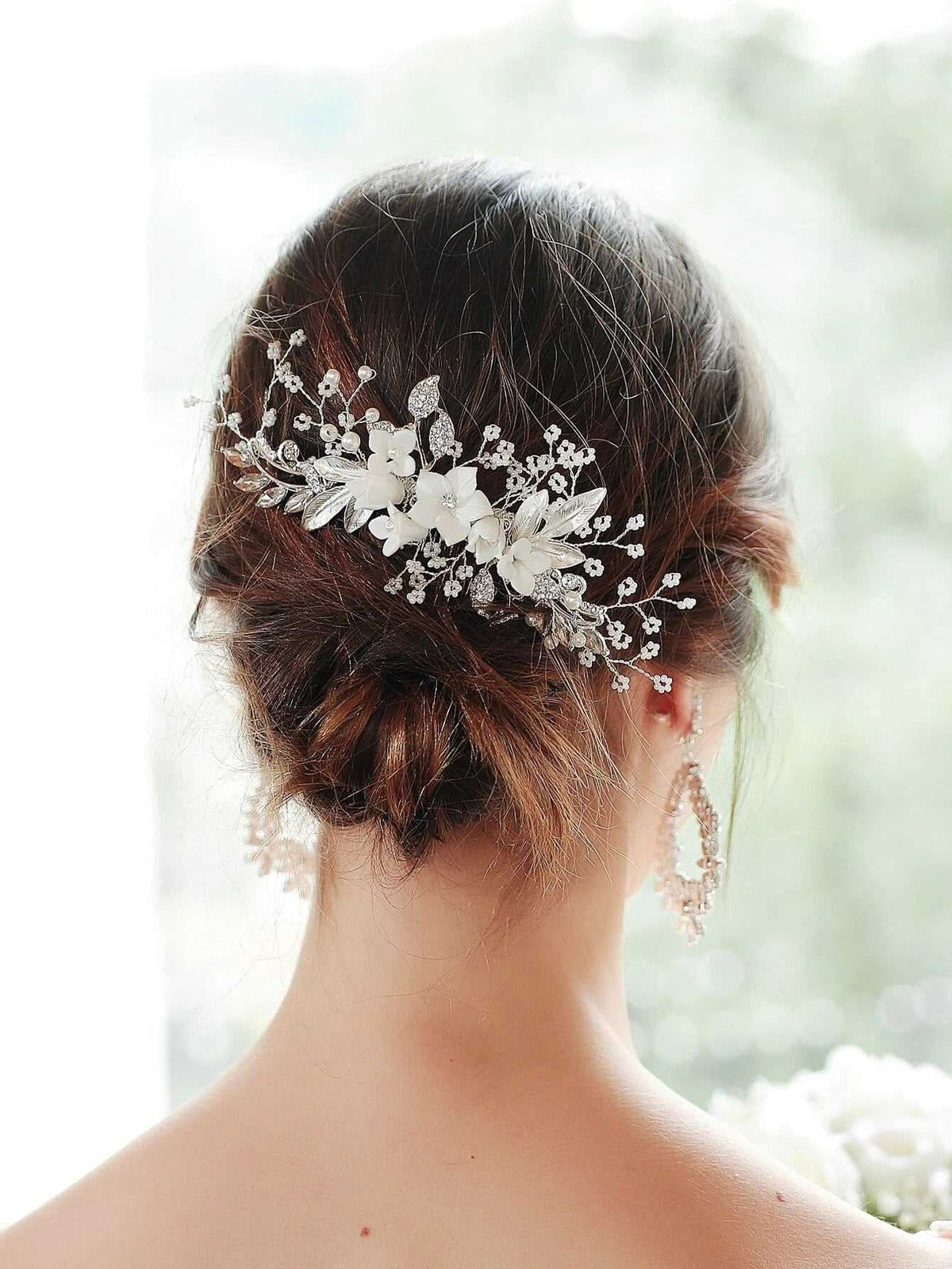 Clay Flower Crystal Bead Hair Comb, Pearl Leaf Bridal Hair Comb, Wedding Ceramic White Flower Hairpiece - KaleaBoutique.com