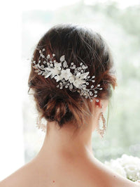 Clay Flower Crystal Bead Hair Comb, Pearl Leaf Bridal Hair Comb, Wedding Ceramic White Flower Hairpiece - KaleaBoutique.com