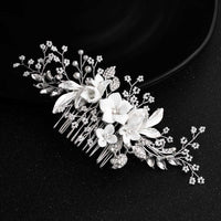 Clay Flower Crystal Bead Hair Comb, Pearl Leaf Bridal Hair Comb, Wedding Ceramic White Flower Hairpiece - KaleaBoutique.com