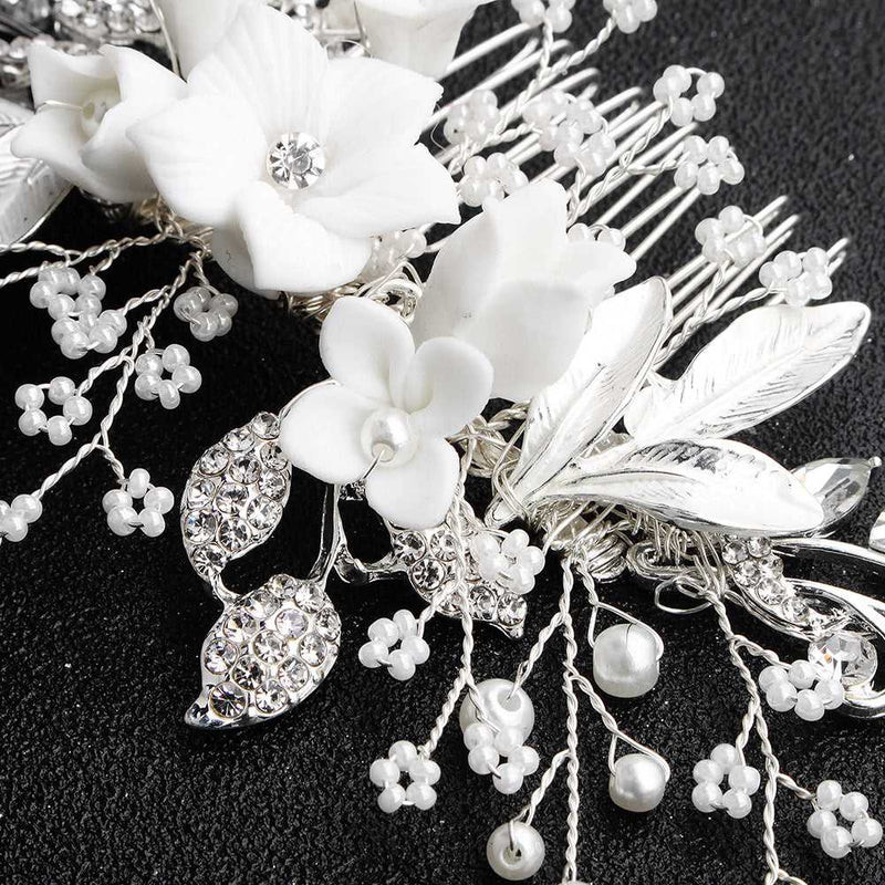 Clay Flower Crystal Bead Hair Comb, Pearl Leaf Bridal Hair Comb, Wedding Ceramic White Flower Hairpiece - KaleaBoutique.com