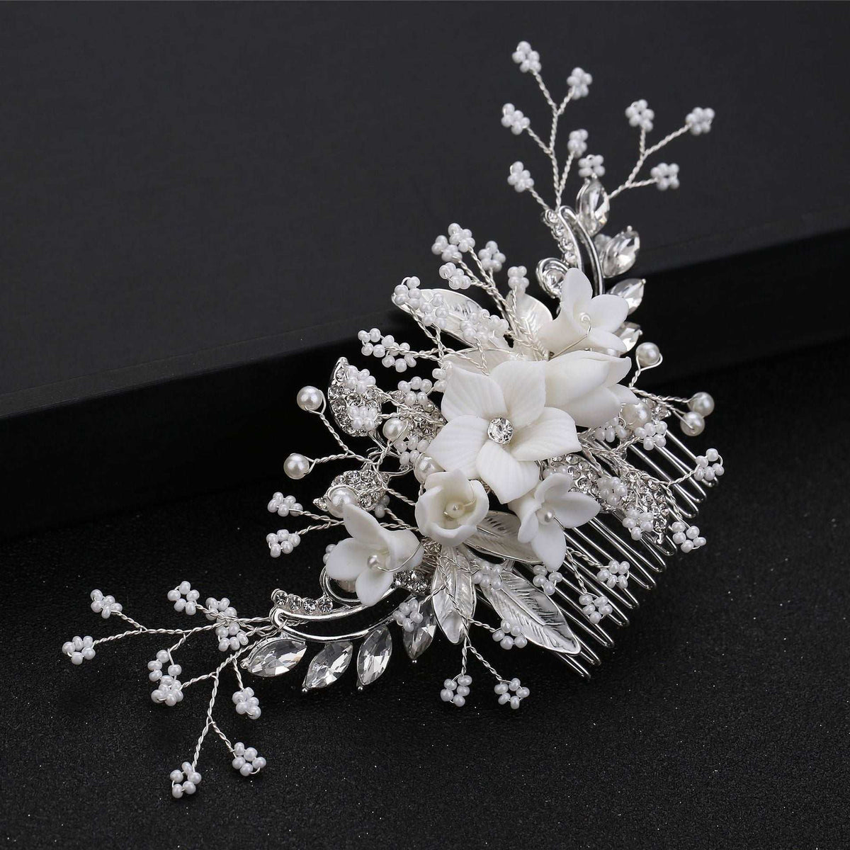 Clay Flower Crystal Bead Hair Comb, Pearl Leaf Bridal Hair Comb, Wedding Ceramic White Flower Hairpiece - KaleaBoutique.com