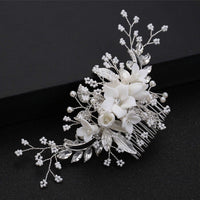 Clay Flower Crystal Bead Hair Comb, Pearl Leaf Bridal Hair Comb, Wedding Ceramic White Flower Hairpiece - KaleaBoutique.com