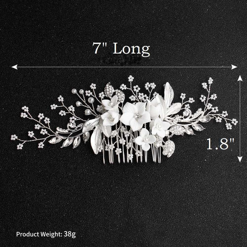 Clay Flower Crystal Bead Hair Comb, Pearl Leaf Bridal Hair Comb, Wedding Ceramic White Flower Hairpiece - KaleaBoutique.com