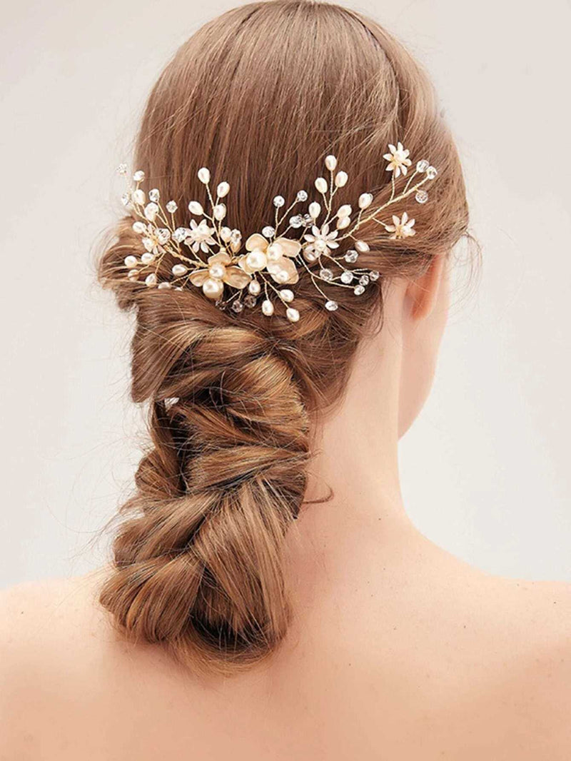 Floral Pearl Wedding Hair Comb, Bridal Gold Flowers Wire Hairpiece, Pearl Wired Hairpin Headpiece - KaleaBoutique.com