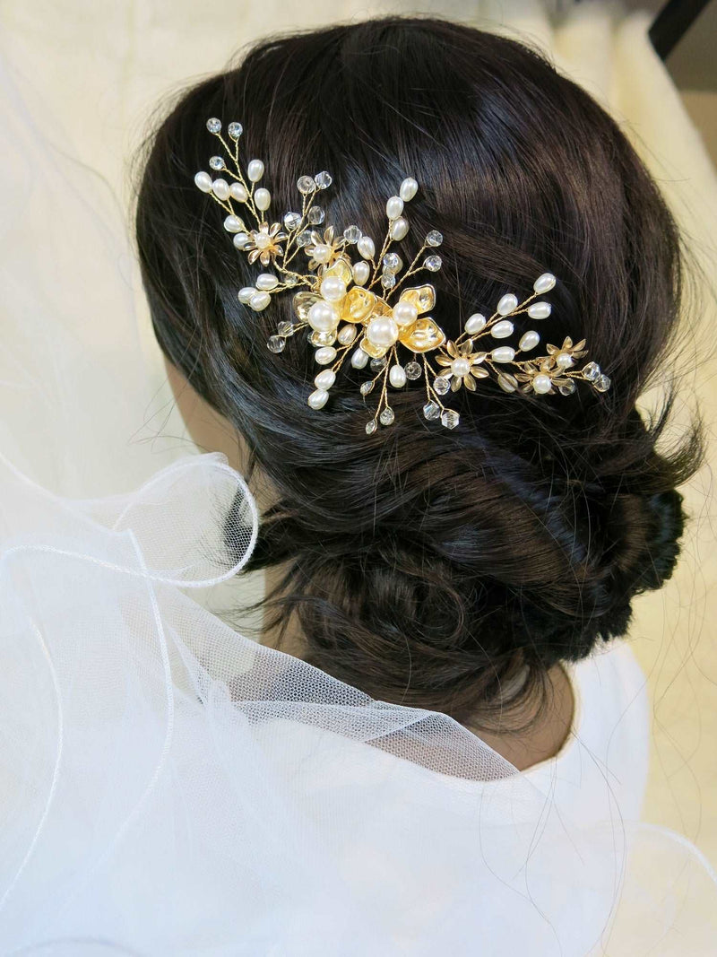 Floral Pearl Wedding Hair Comb, Bridal Gold Flowers Wire Hairpiece, Pearl Wired Hairpin Headpiece - KaleaBoutique.com
