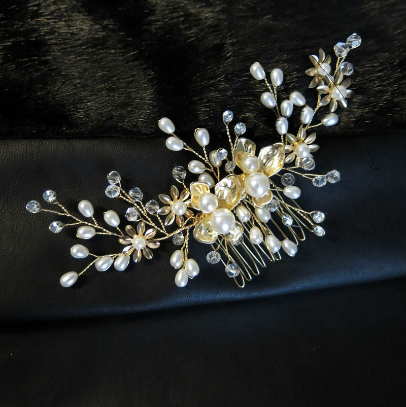 Floral Pearl Wedding Hair Comb, Bridal Gold Flowers Wire Hairpiece, Pearl Wired Hairpin Headpiece - KaleaBoutique.com