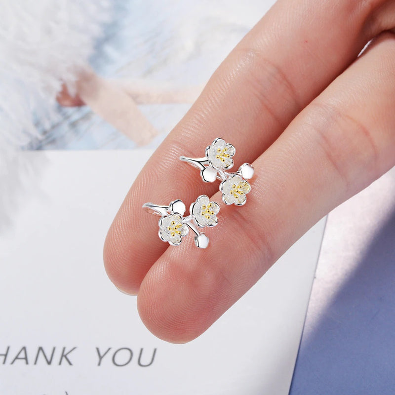 S925 Sterling Silver Floral Cherry Blossom Sakura Minimalist Flower Earrings, Small Sterling Silver Earrings - KaleaBoutique.com