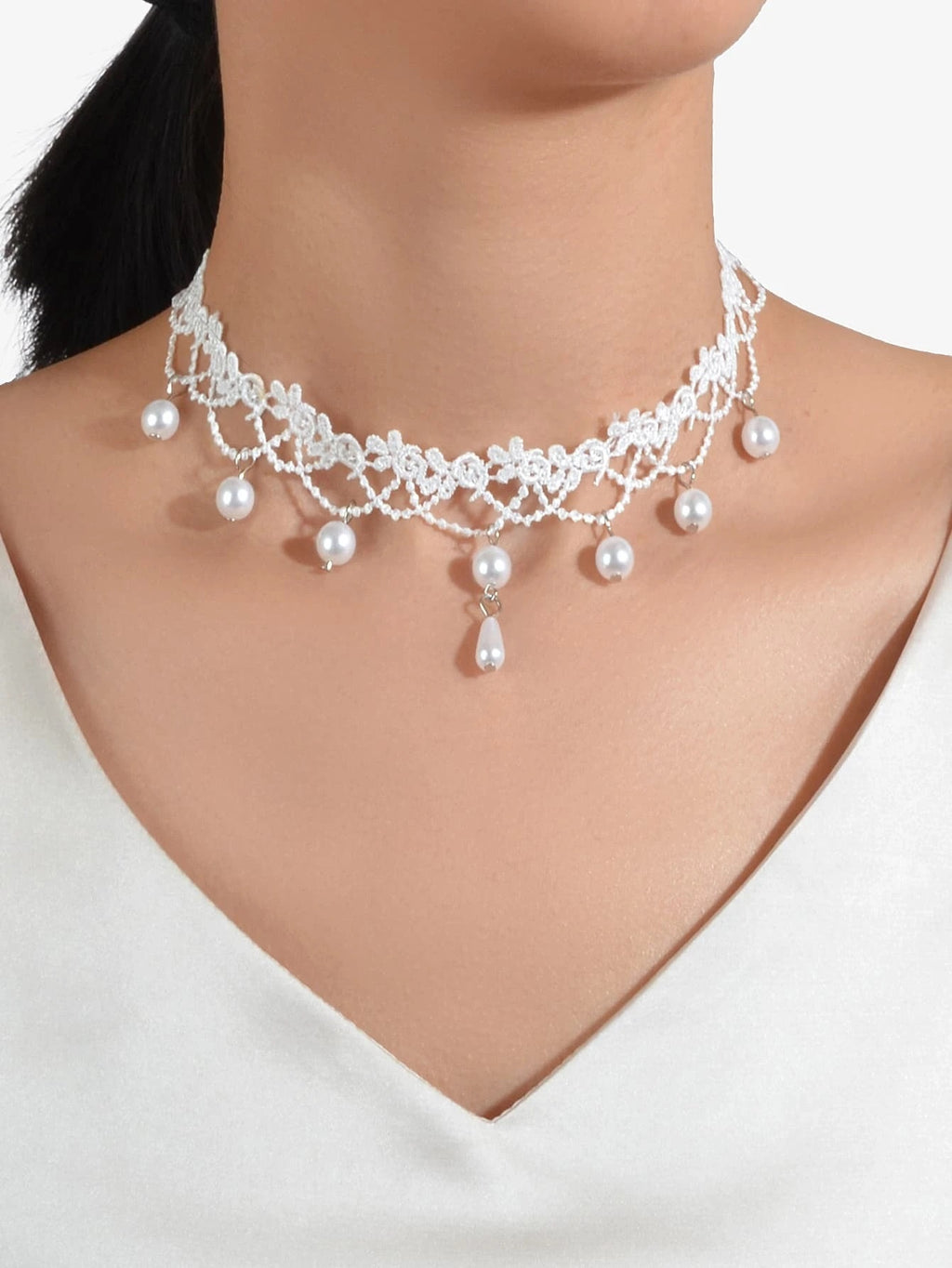 Bridal Knit Necklace, Wedding White Pearl Embroidered Scalloped Tatted Lace Choker Necklace - KaleaBoutique.com