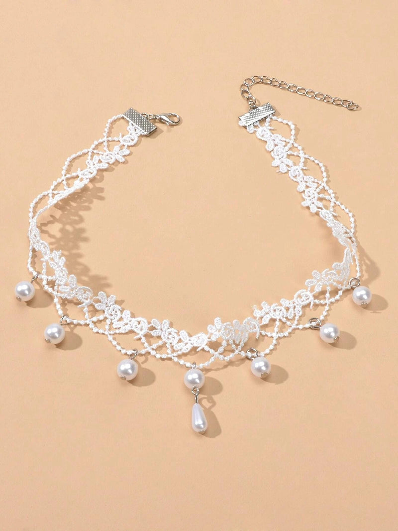 Bridal Knit Necklace, Wedding White Pearl Embroidered Scalloped Tatted Lace Choker Necklace - KaleaBoutique.com