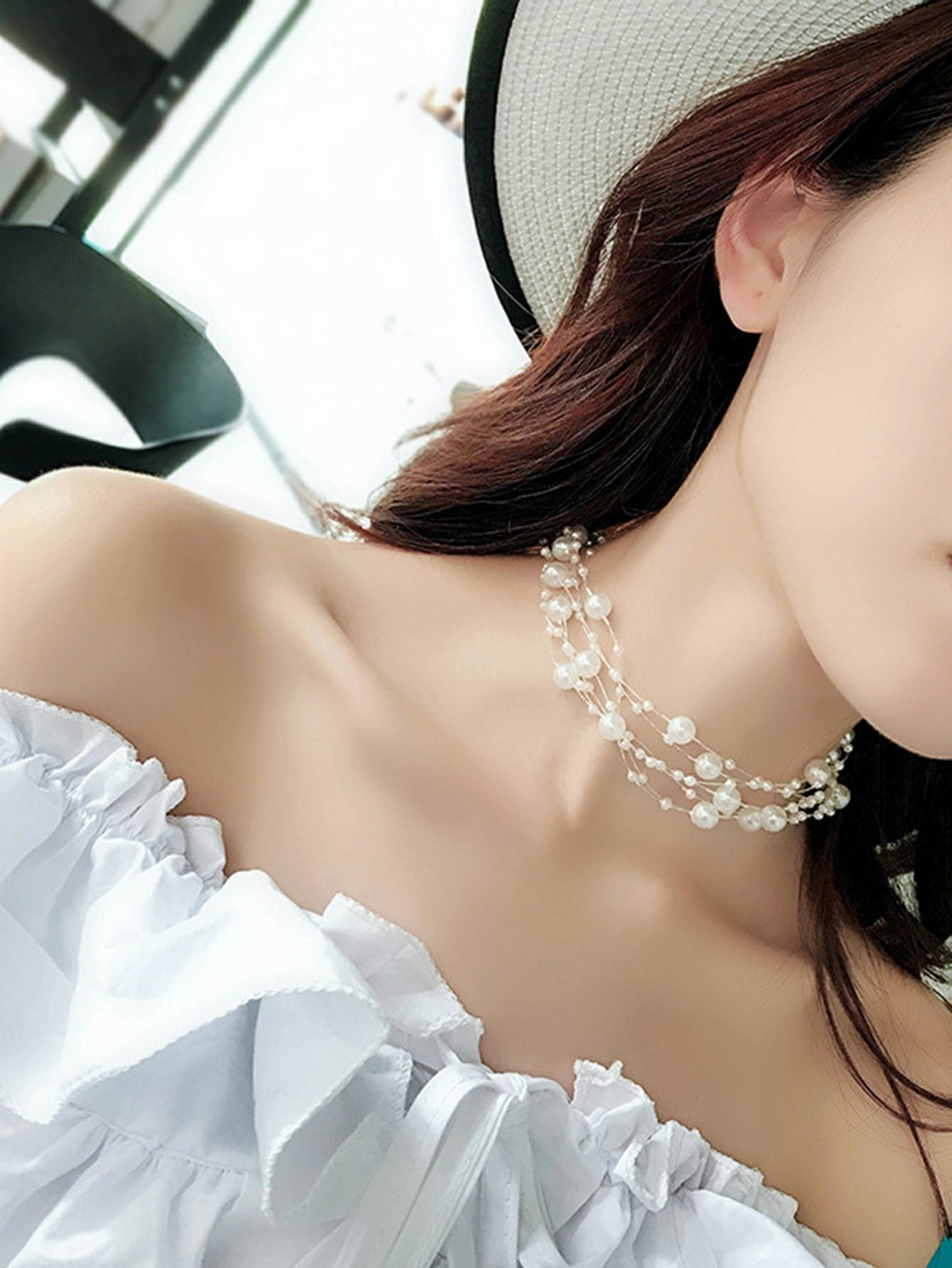 Floating Multi Strand White Pearl Choker Necklace, Wedding Multi Layer White Floating Pearl Necklace - KaleaBoutique.com