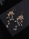 Pearl Flower Bridal Earrings, Rhinestone Crystal Leaf Dangle Earrings, Gold Wire Flower Boho Earrings - KaleaBoutique.com