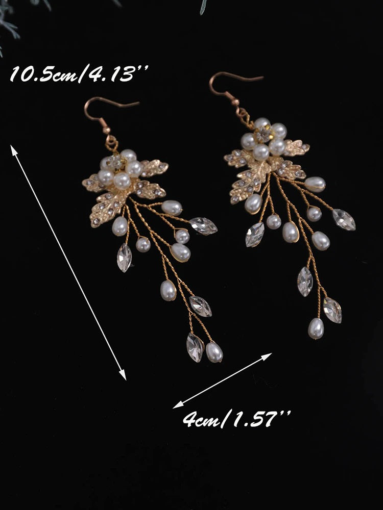 Pearl Flower Bridal Earrings, Rhinestone Crystal Leaf Dangle Earrings, Gold Wire Flower Boho Earrings - KaleaBoutique.com