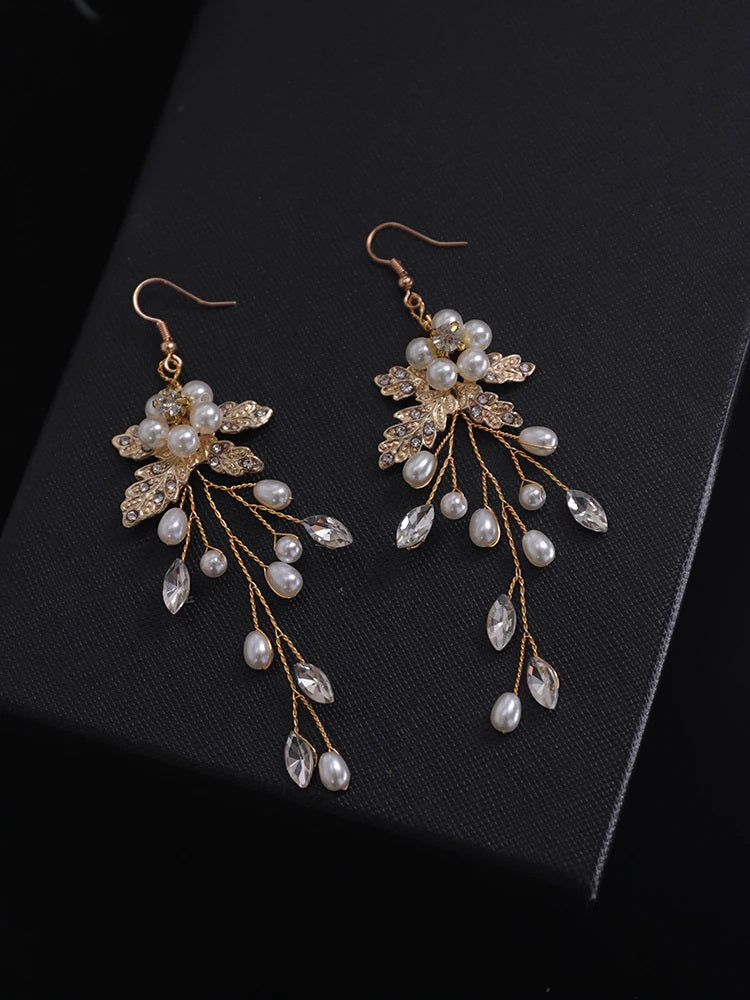 Pearl Flower Bridal Earrings, Rhinestone Crystal Leaf Dangle Earrings, Gold Wire Flower Boho Earrings - KaleaBoutique.com