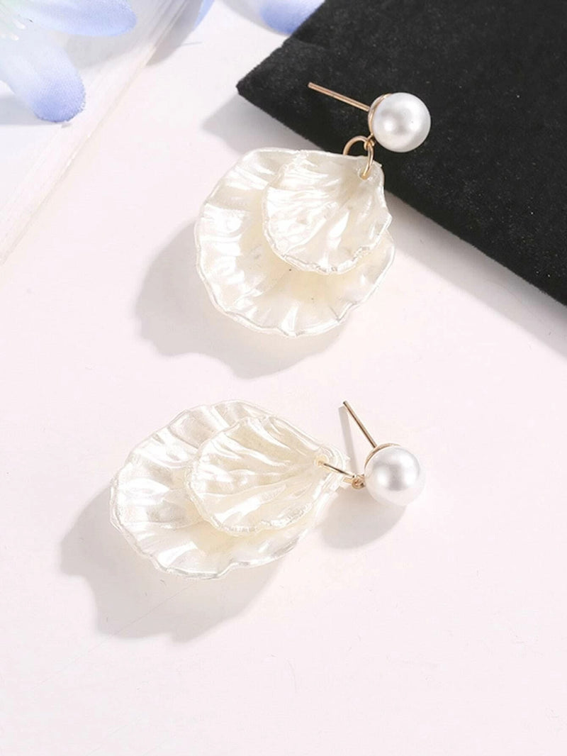 Carved Seashell Layered Earrings, Boho Wedding Bridal Stud Earrings, Double Shell Dangles - KaleaBoutique.com