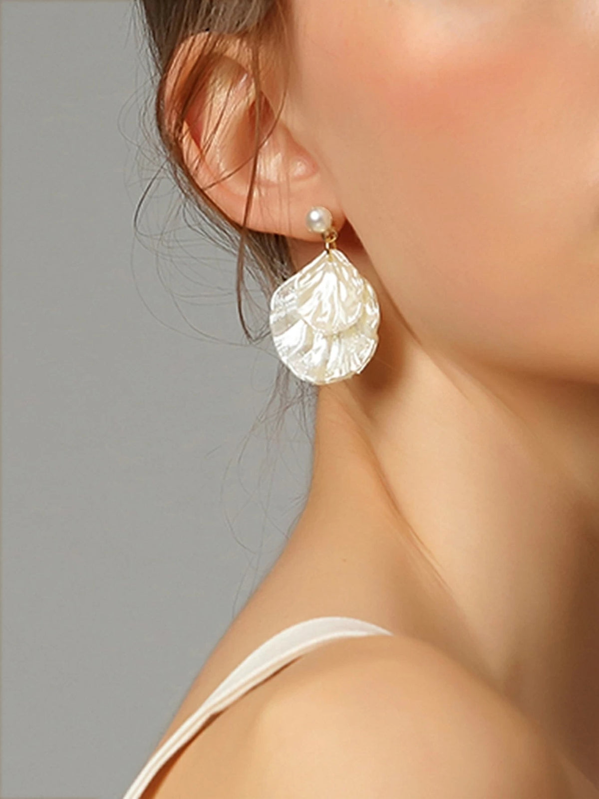 Carved Seashell Layered Earrings, Boho Wedding Bridal Stud Earrings, Double Shell Dangles - KaleaBoutique.com