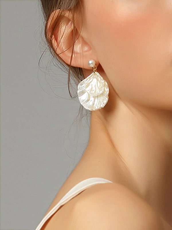 Carved Seashell Layered Earrings, Boho Wedding Bridal Stud Earrings, Double Shell Dangles - KaleaBoutique.com