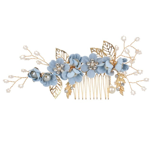 Blue Flower Bridal Hair Comb, Bridesmaid Floral Blue Hairpieces, Wedding Blue Flower Wire Hairpins - KaleaBoutique.com