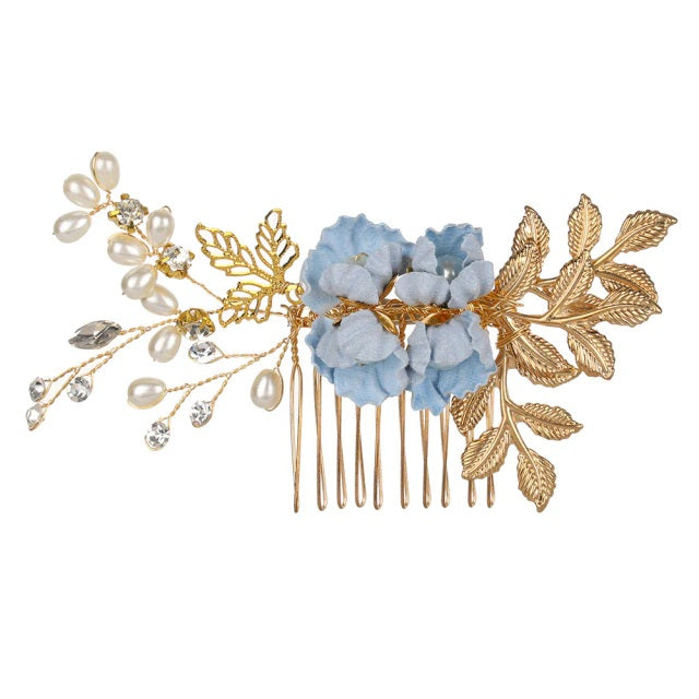 Blue Flower Bridal Hair Comb, Bridesmaid Floral Blue Hairpieces, Wedding Blue Flower Wire Hairpins - KaleaBoutique.com