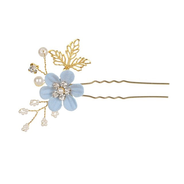 Blue Flower Bridal Hair Comb, Bridesmaid Floral Blue Hairpieces, Wedding Blue Flower Wire Hairpins - KaleaBoutique.com