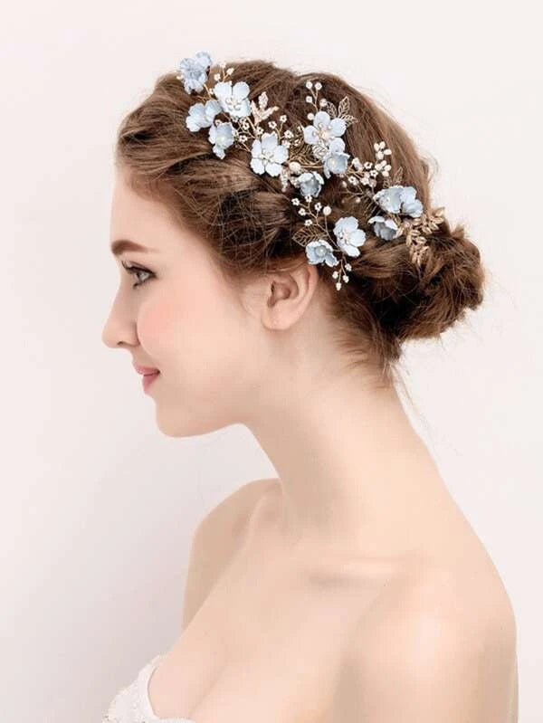 Blue Flower Bridal Hair Comb, Bridesmaid Floral Blue Hairpieces, Wedding Blue Flower Wire Hairpins - KaleaBoutique.com