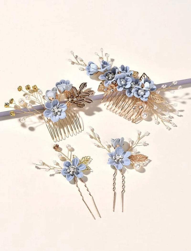 Blue Flower Bridal Hair Comb, Bridesmaid Floral Blue Hairpieces, Wedding Blue Flower Wire Hairpins - KaleaBoutique.com