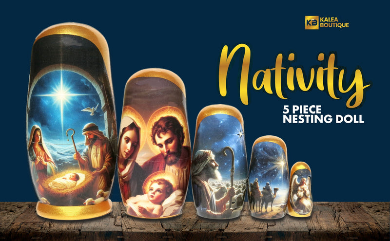 Traditional Realism Style Nativity Nesting Doll, 5 Piece Hand Crafted Nested Doll - KaleaBoutique.com