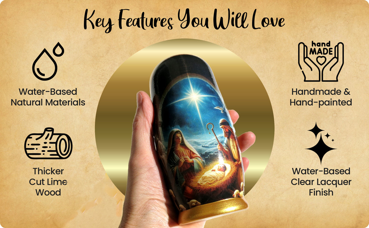 Traditional Realism Style Nativity Nesting Doll, 5 Piece Hand Crafted Nested Doll - KaleaBoutique.com