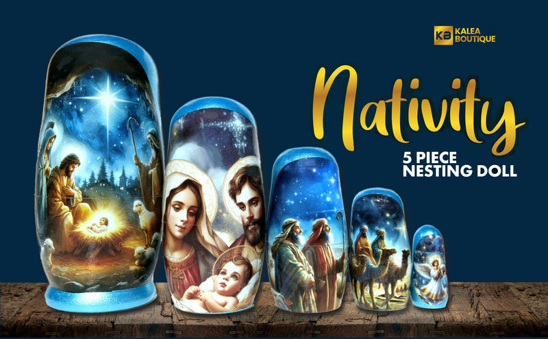 Traditional Watercolor Style Nativity Nesting Doll, 5 Piece Hand Crafted Nested Doll - KaleaBoutique.com