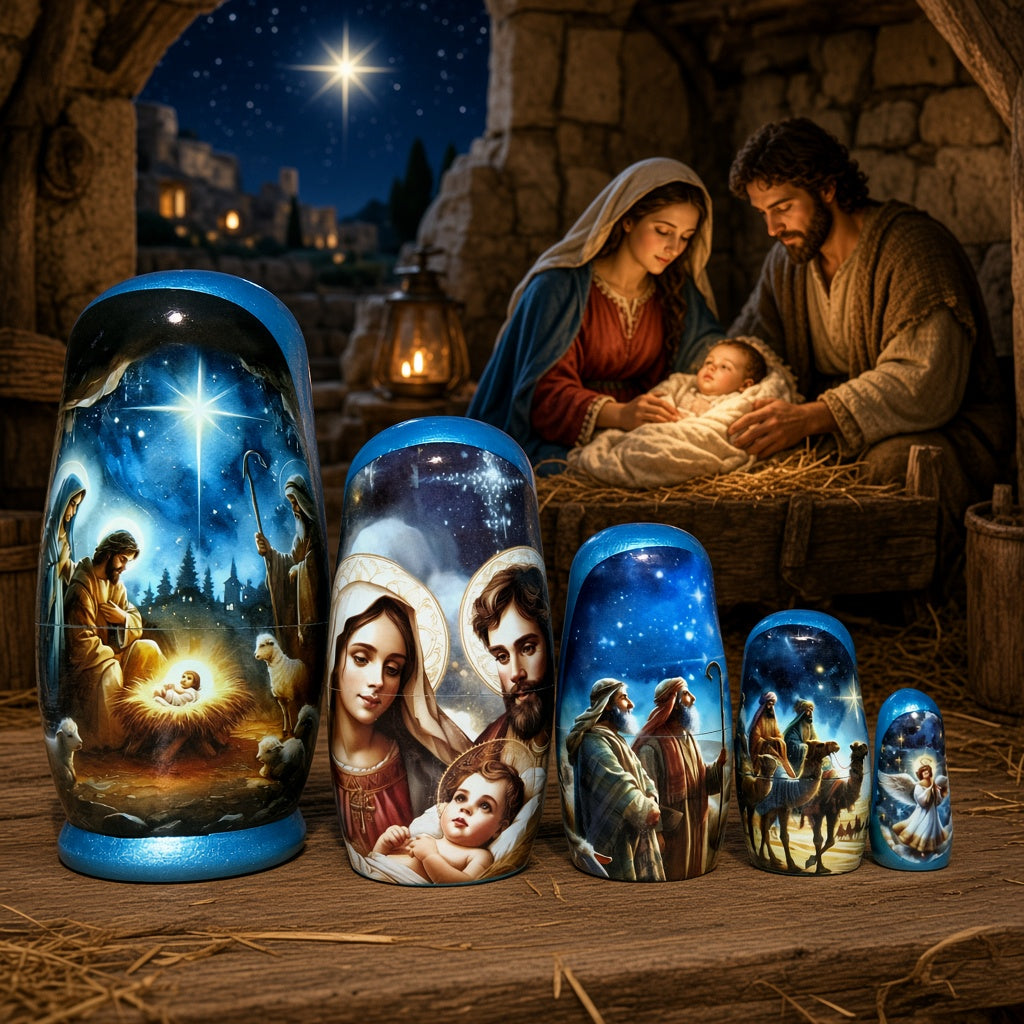 Traditional Watercolor Style Nativity Nesting Doll, 5 Piece Hand Crafted Nested Doll - KaleaBoutique.com